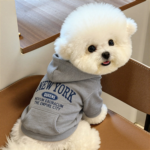 狗狗衣服博美秋款小狗约克夏高颜值秋冬小奶狗防脏连帽口袋两脚衣