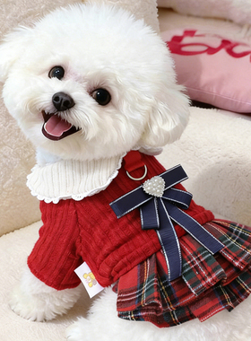 狗狗圣诞衣服小狗红色冬装比熊厚款加绒棉衣可牵引秋冬两脚约克夏