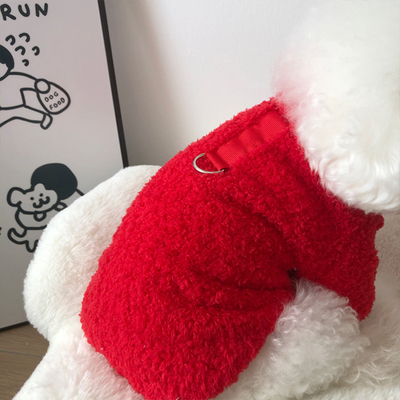 比熊狗狗衣服可牵引绒衣泰迪新年喜庆红色短袖博美冬天保暖两脚衣