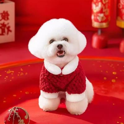 狗狗新年衣服2025新款冬小狗比熊冬天加绒可牵引红色喜庆拜年卫衣