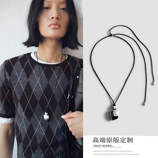 DCCBHC西班牙冷淡风金属银色几何陨石块状吊坠项链长款抽拉毛衣链