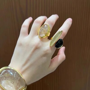 小众设计高级感天然石水晶戒指女法式复古椭圆形茶晶石食指戒指环