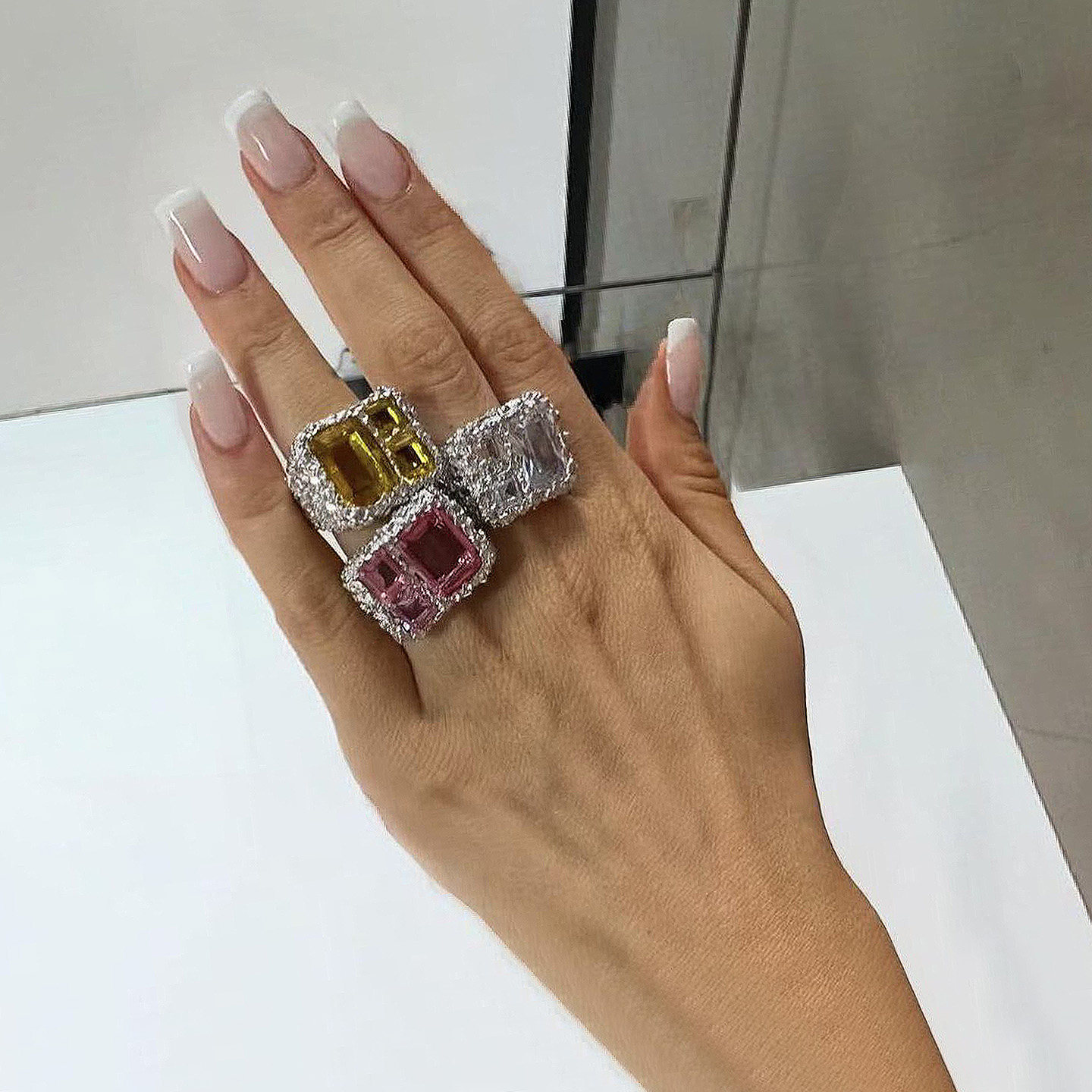 法式轻奢彩色宝石戒指女高级开口可调节方形食指戒指环2026新爆款
