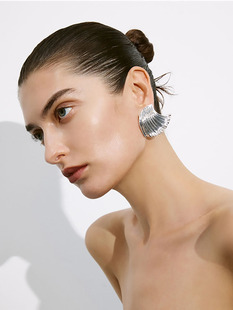 博主同款 银色海浪贝壳造型耳环女小众网红张悦儿扇形银针耳钉耳饰