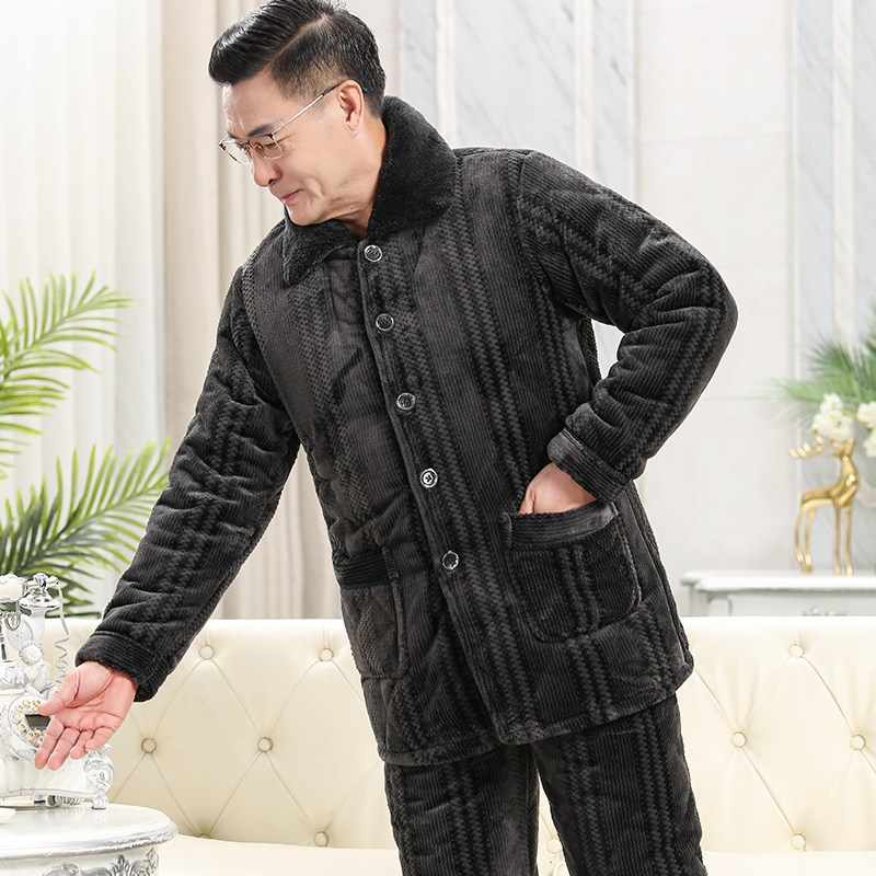 中老年人爸爸三层夹棉男士睡衣冬季加绒加厚高级黑超厚家居服套装
