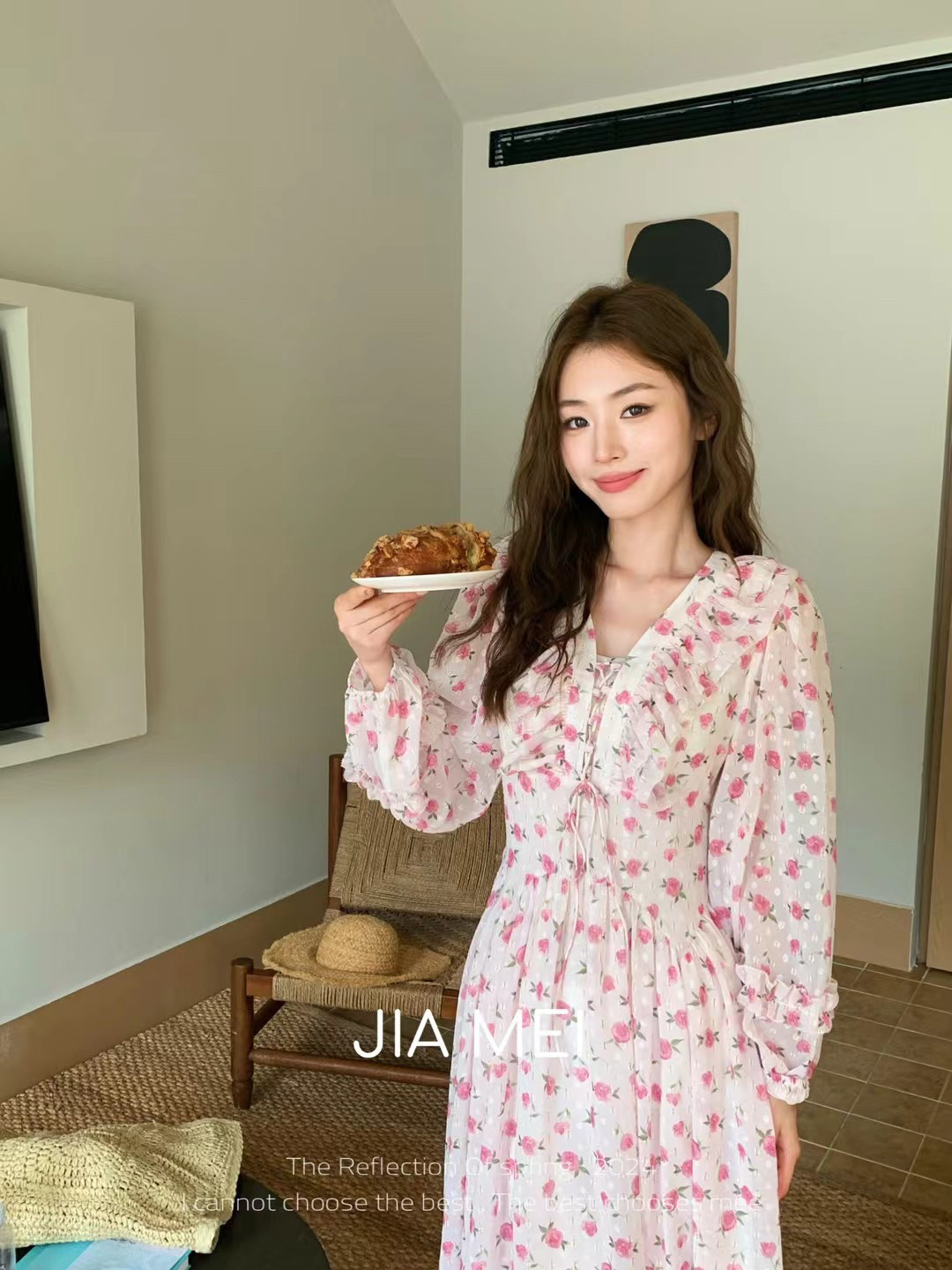 JIAMEI春夏季新款荷叶边印花短袖中长款连衣裙粉色甜美仙女裙子
