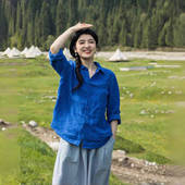 高级感气质休闲防晒衬衣外套 2026新款 克莱因蓝棉麻衬衫 女春季