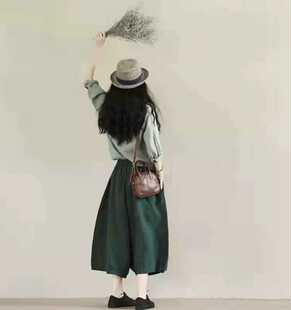 套装 2026春夏新款 裙裤 砂洗棉麻纯色宽松翻领休闲衬衫 文艺复古女装