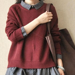 纯棉套头毛衣外套女长袖 宽松纯色圆领针织毛线衣外穿不起球秋