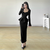 KLIOU 轻熟御姐风气质复古长袖 连衣裙女开叉小众显瘦掐腰包臀长裙