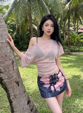KLIOU 设计感朦胧透肤斜肩短袖T恤复古印花显瘦包臀半身裙两件套