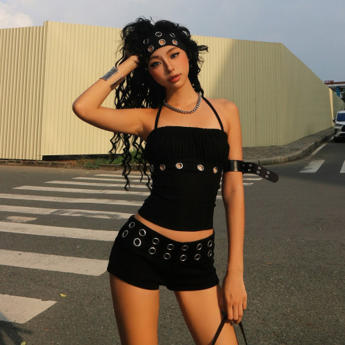 KLIOU 酷girl炸街设计感镂空挂脖系带背心显瘦高腰百搭短裤两件套