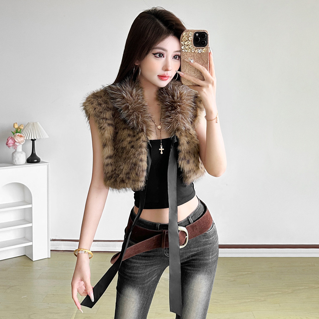 KLIOU 复古时髦精个性豹纹毛绒无袖背心女设计感显瘦百搭辣妹上衣,女装/女士精品,短外套,淘宝优惠券,粉丝福利购,淘宝优惠卷