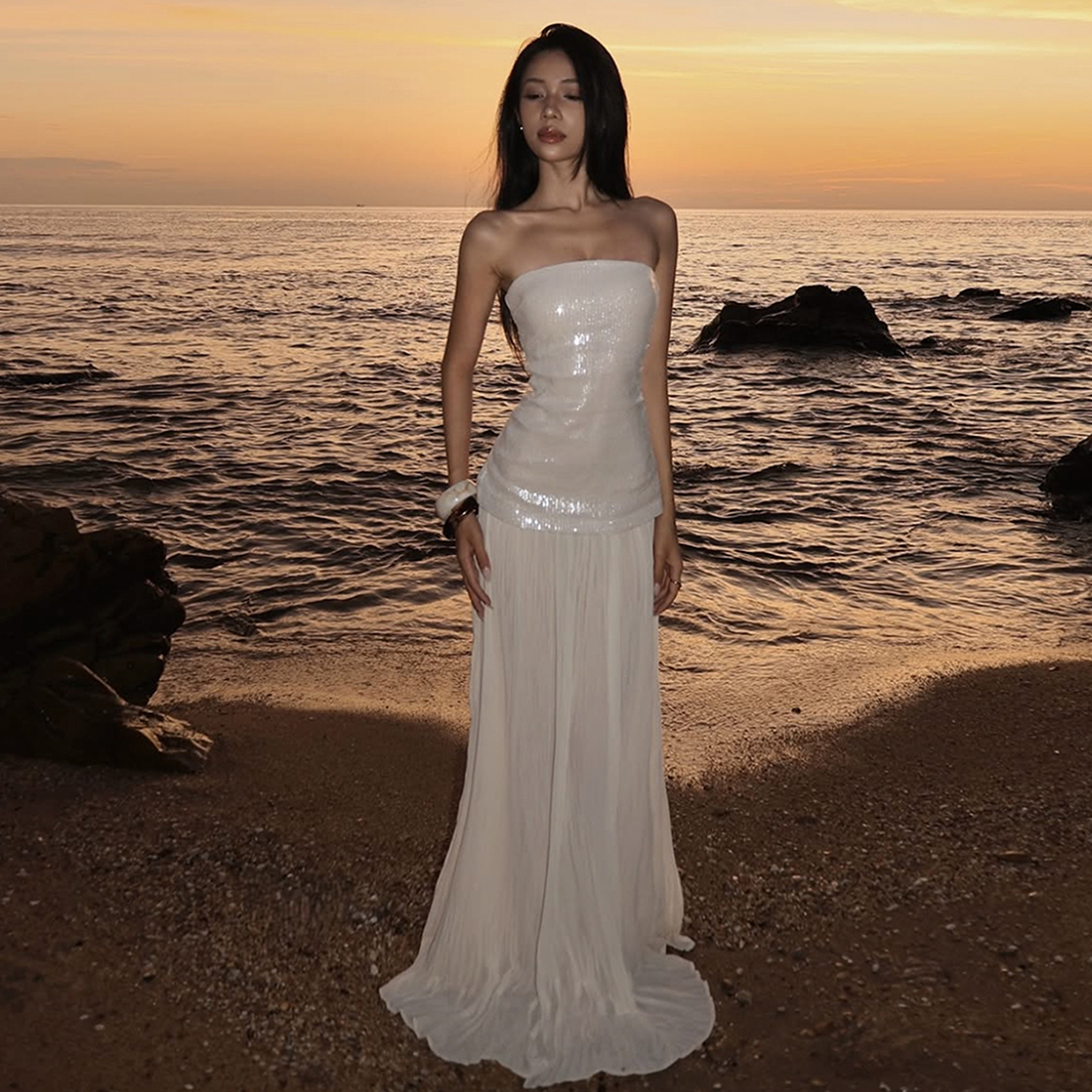 KLIOU 气质清冷奶杏色亮片拼接抹胸连衣裙女复古显瘦修身包臀长裙