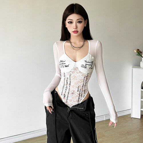 美式辣妹风蕾丝拼接网纱连体衣