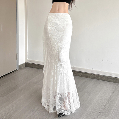 纯欲辣妹风蕾丝拼接高腰半身裙