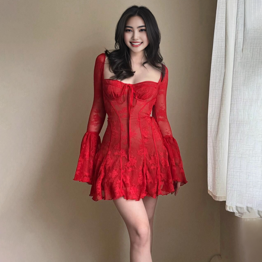 KLIOU 法式辣妹风热辣复古系带方领连衣裙女设计感显瘦掐腰短裙潮