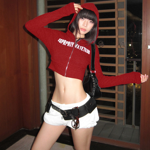 KLIOU 街头复古字母印花拉链连帽针织外套女显瘦高腰露脐百搭上衣