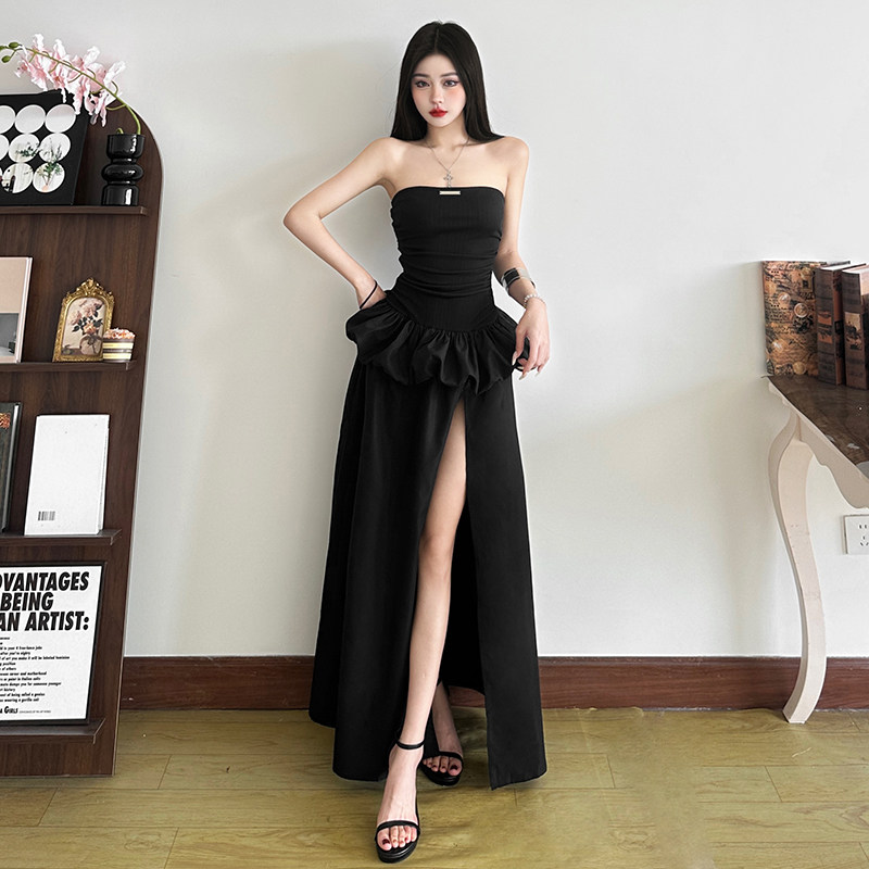 KLIOU 法式chic气质黑色假两件抹胸连衣裙女开叉显瘦遮肉辣妹长裙,女装/女士精品,连衣裙,淘宝优惠券,粉丝福利购,淘宝优惠卷