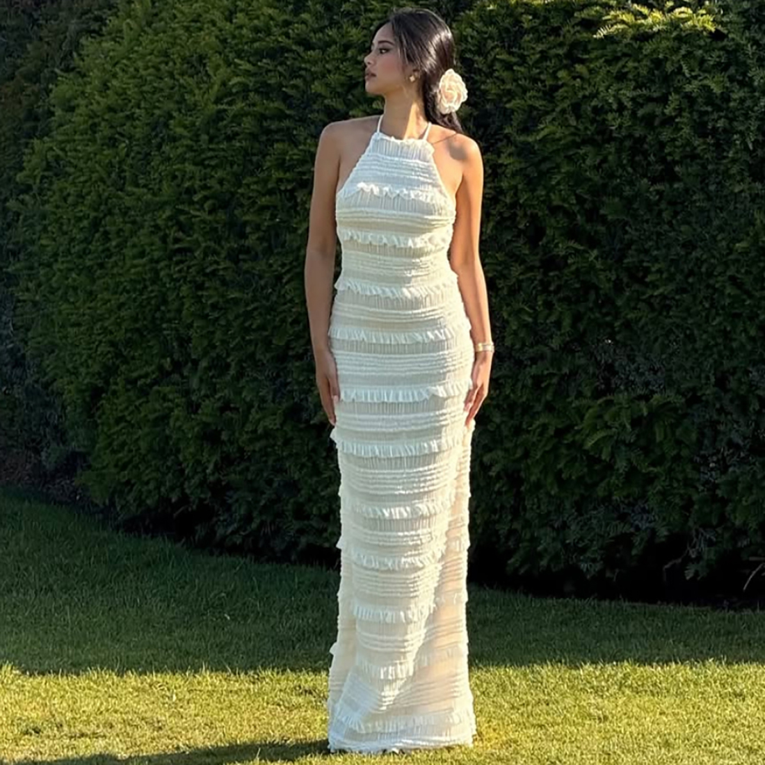 KLIOU 气质纯欲设计感打揽露背吊带连衣裙女紧身显身材包臀长裙夏