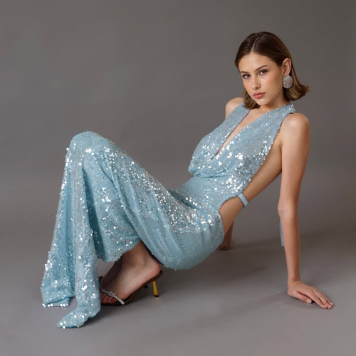 KLIOU 纯欲辣妹blingbling荡领挂脖连衣裙女显瘦修身露背包臀长裙