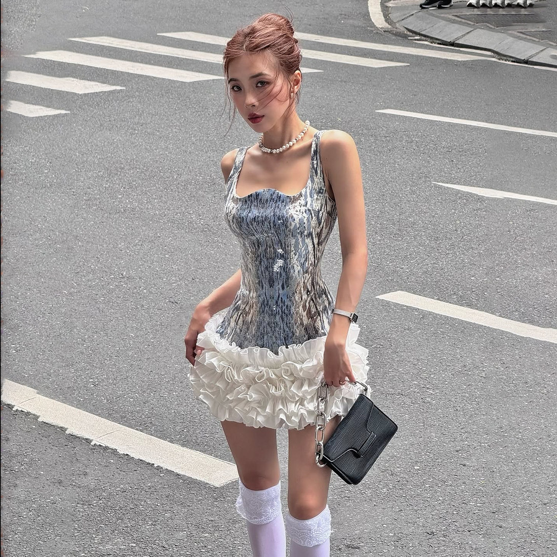 KLIOU 甜辣时尚感复古亮片拼接无袖连衣裙女气质小众显瘦掐腰短裙