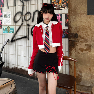 KLIOU 热辣甜酷少女感短款翻领衬衫外搭撞色拉链外套高腰半身裙潮