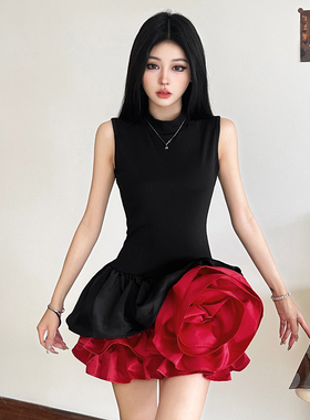 KLIOU 小众设计师款撞色立体花朵无袖连衣裙女显瘦掐腰别致蓬蓬裙
