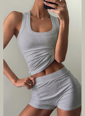 KLIOU 美式复古休闲简约灰色工字背心显瘦高腰百搭短裤时尚套装女