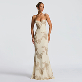 KLIOU 法式 气质复古设计感印花吊带连衣裙女系带露背显瘦包臀长裙