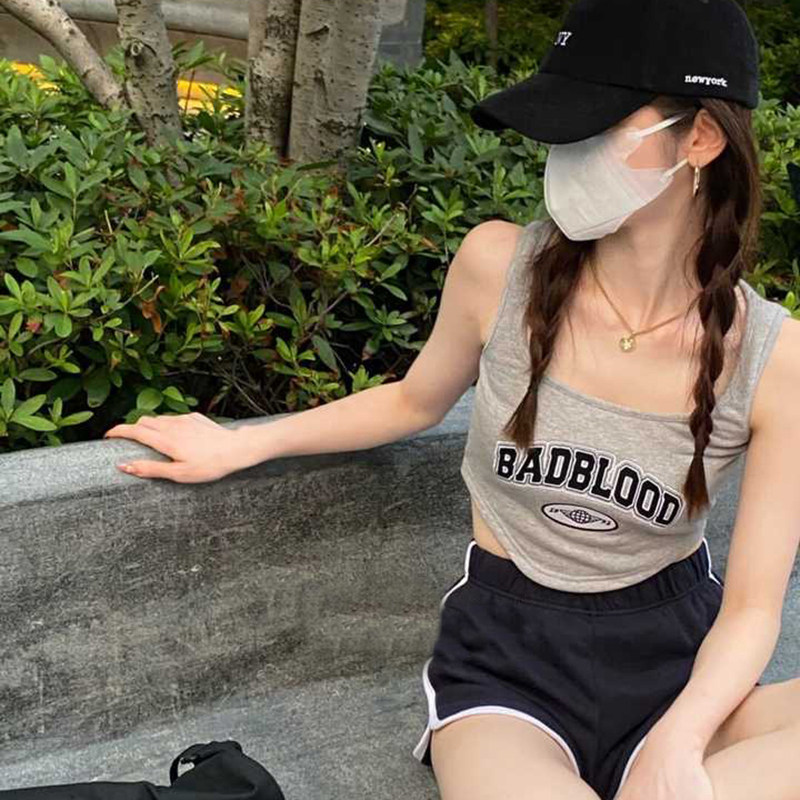 nami定制badblood萌儿youm收腰无袖短款刺绣字母拉链背心女22夏季