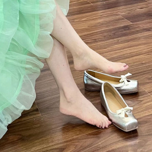 设计感内增高银色单鞋女2024夏季新款方头浅口蝴蝶结玛丽珍芭蕾鞋