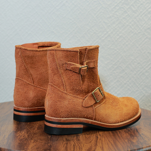 复古摩托机车靴头层牛皮高帮带扣工程师靴男工装靴手工固特异皮靴