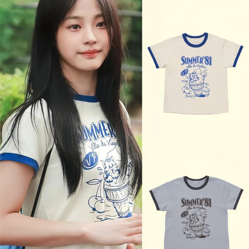 韩国潮牌viaplain短袖t恤女newjeans同款字母小猫 修身上衣夏