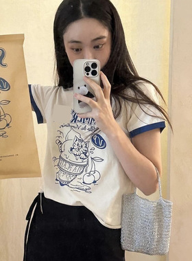 现/viap*ain复古小猫summer字母印花拼色圆领短袖T恤女生春夏新品