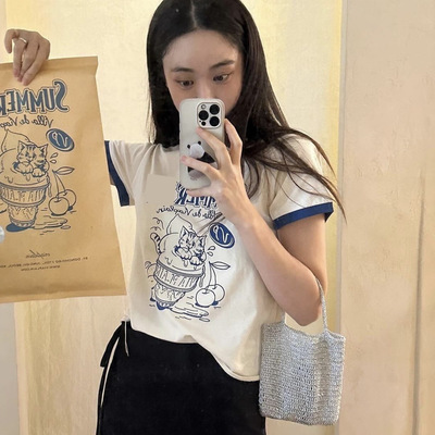 现/viap*ain复古小猫summer字母印花拼色圆领短袖T恤女生春夏新品