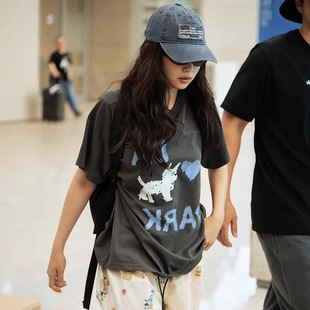 Jennie iu同款小狗印花纯棉T恤夏季女宽松短袖上衣low class*c