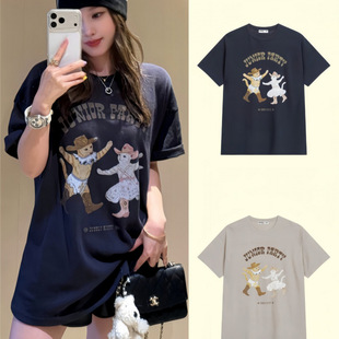 韩国小众潮牌OPEN 女夏韩系宽松T恤上衣 YY宠物俱乐部猫咪派对短袖