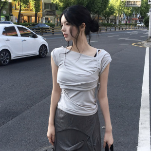 现货 韩国Flareup分层叠穿设计不对称性感辣妹短袖T恤上衣女夏季