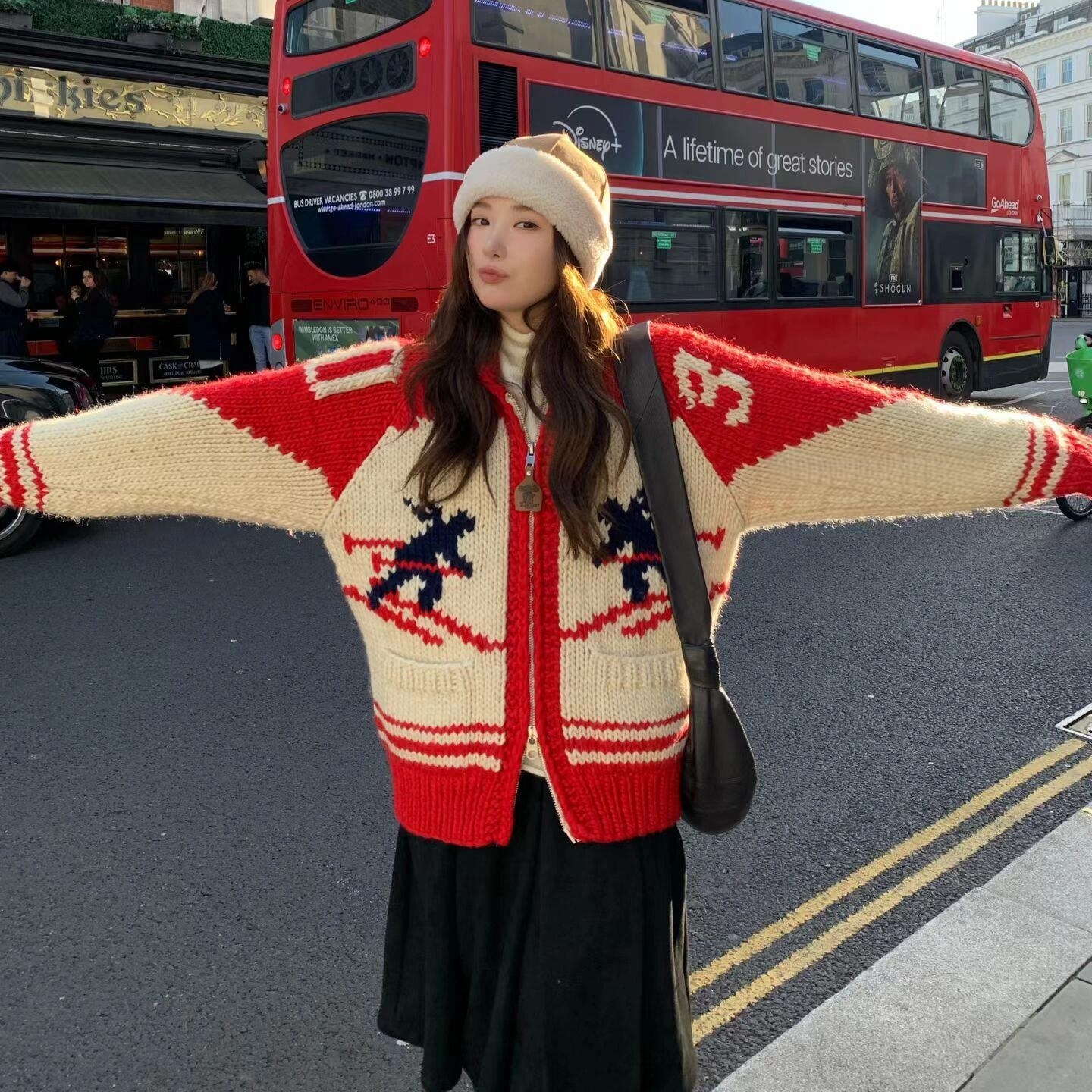 fever同款韩国东大门滑雪毛衣手工羊毛拉链圣诞翻领针织毛衣外套