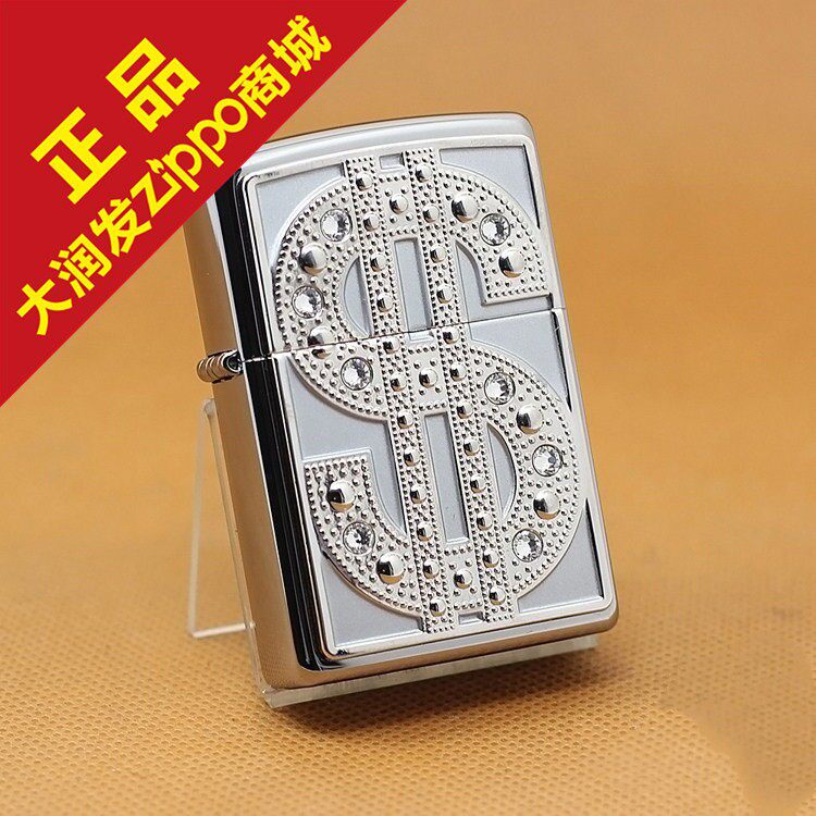 美国原装正品zippo芝宝打火机镜面经典铬钻石水晶美元钞贴章20904