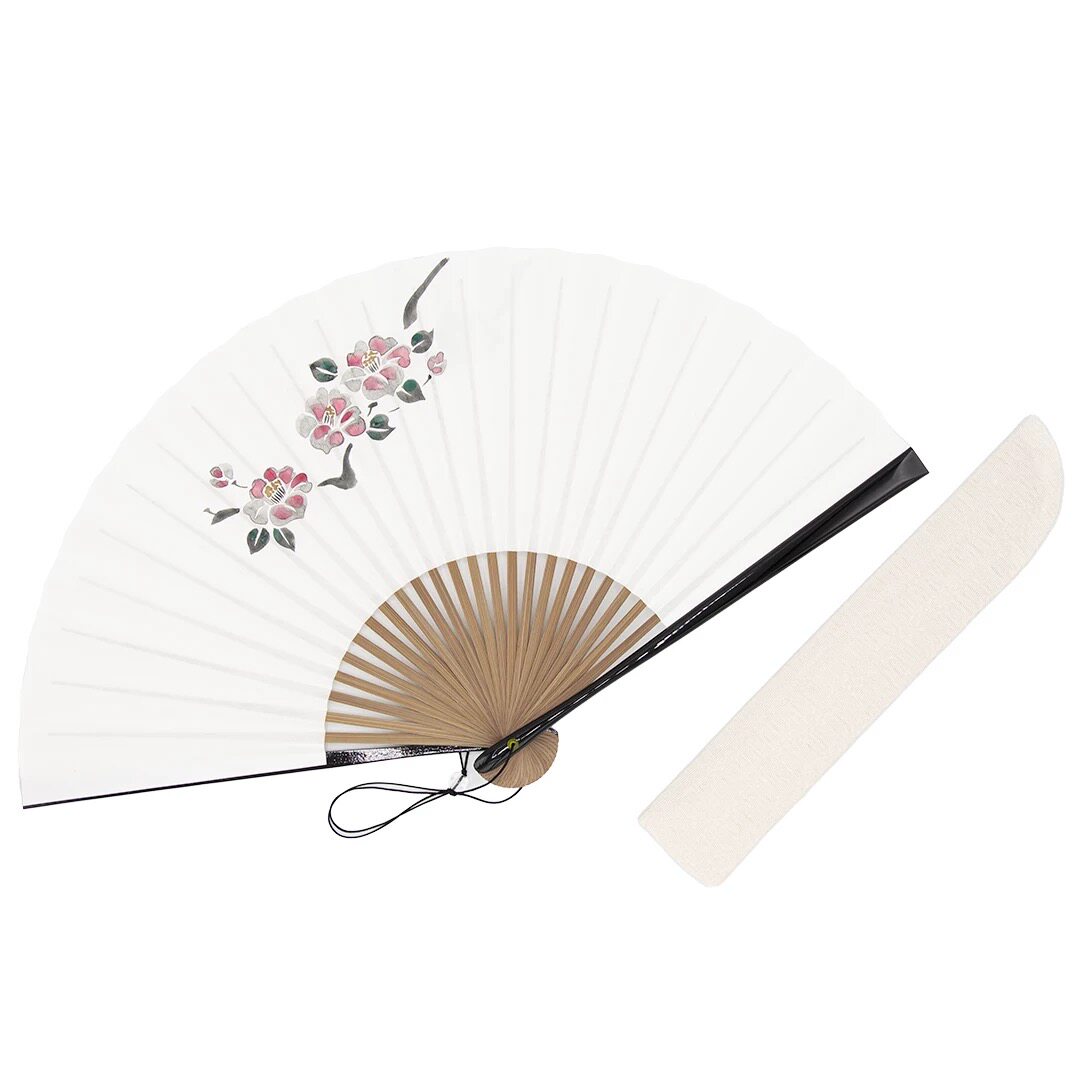 现货！日本进口 白竹堂京扇子 职人手描画双面折扇纸扇套装 椿