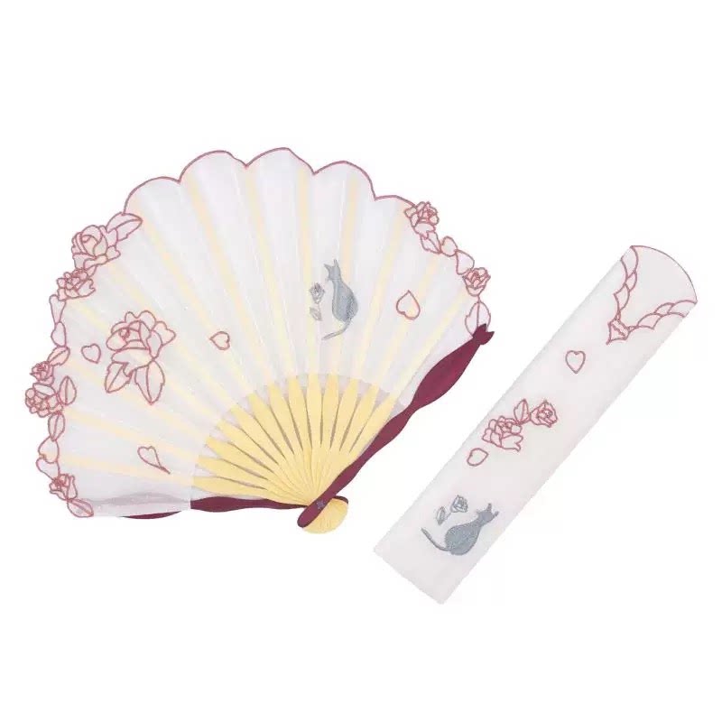 「京都和风」日本进口 白竹堂扇子猫柄刺绣日式花卉折扇套装 粉