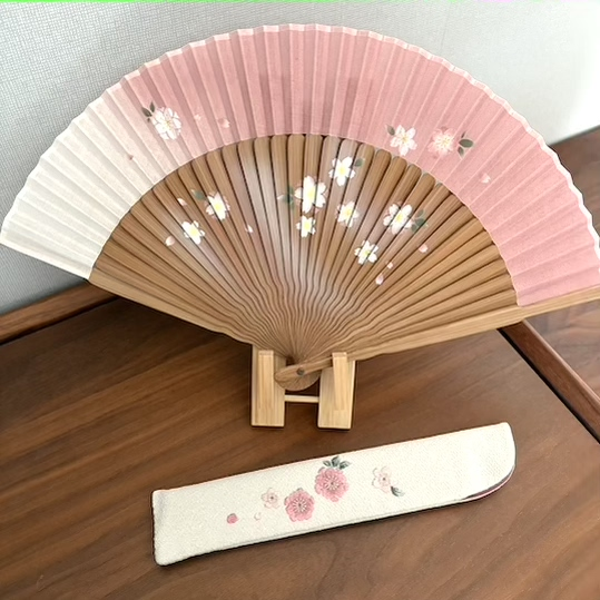 「京都和风」日本京都白竹堂日式淑女扇子折扇刺绣扇袋套装手绘樱