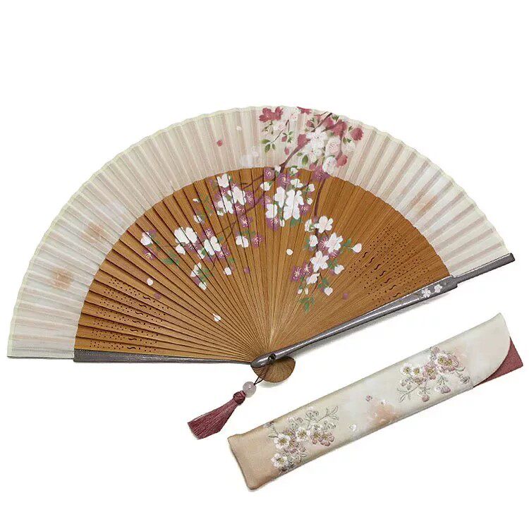 现货！日本代购 白竹堂手描樱花绘柄和风优雅折扇套装 姫樱咖色