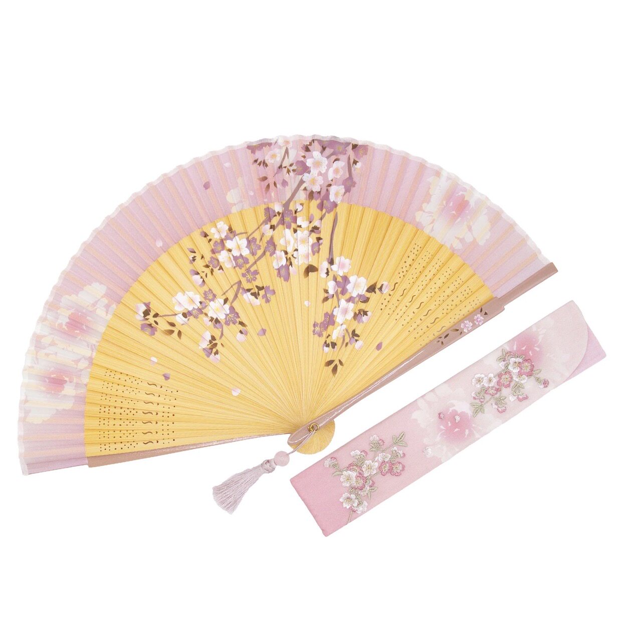 现货！日本代购 白竹堂手描樱花绘柄和风优雅折扇套装 姫樱粉色