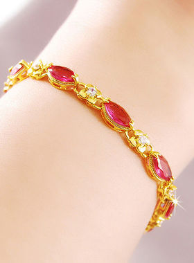 18k黄金色红宝手链气质女款999真金色仿宝石手链百搭金手链