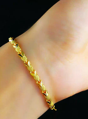18k黄金色手链女 爱心相印999真金色素款简约百搭时尚