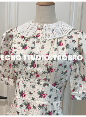 原1280 桑蚕丝~甜妹蔷薇碎花钩织娃娃领真丝连衣裙甜美可爱减龄