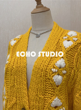 暮光少女 miu黄色减龄绣花纯手工粗线棒针针织羊毛开衫毛衣外套